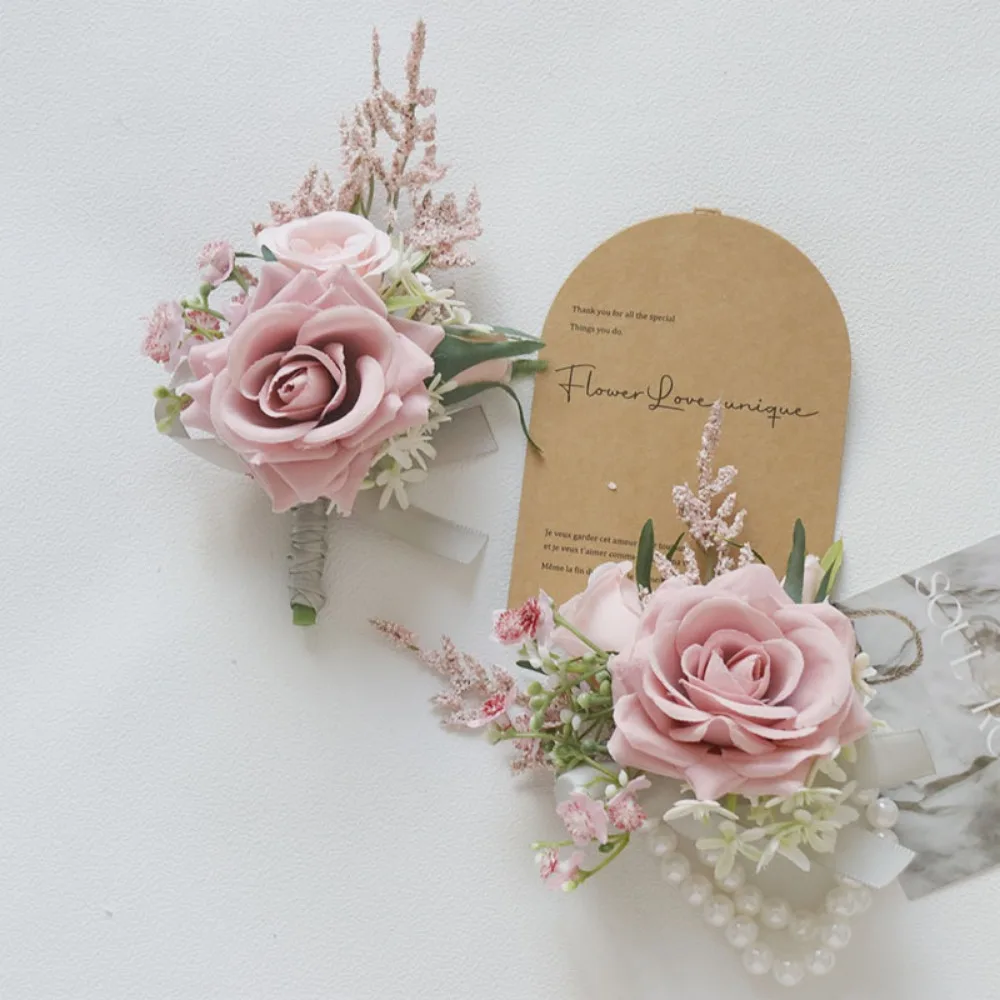 Fiore all'occhiello per lo sposo e il corpetto per la sposa Coppia di matrimoni Bracciale con fiori da damigella d'onore Accessori da sposa Rosa
