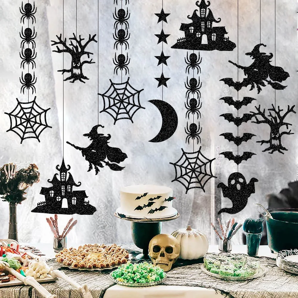 Decoraciones Colgantes de Halloween, Guirnaldas con Arañas, Fantasmas, Murciélagos y Brujas, Adornos para el Hogar y Ambiente Festivo