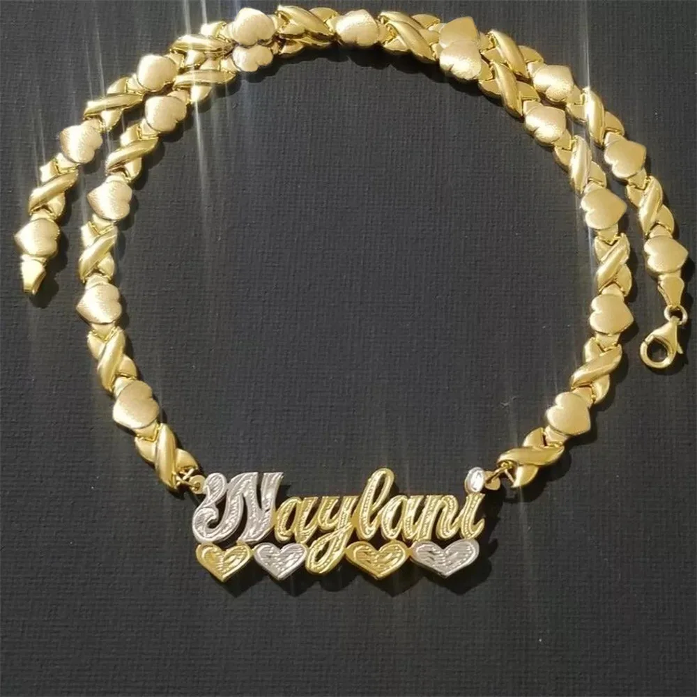 

Personalized Custom Gold Plated Name Necklace with Heart Double Layer Two Tone Nameplate Necklace XOXO Chain Jewelry Gift