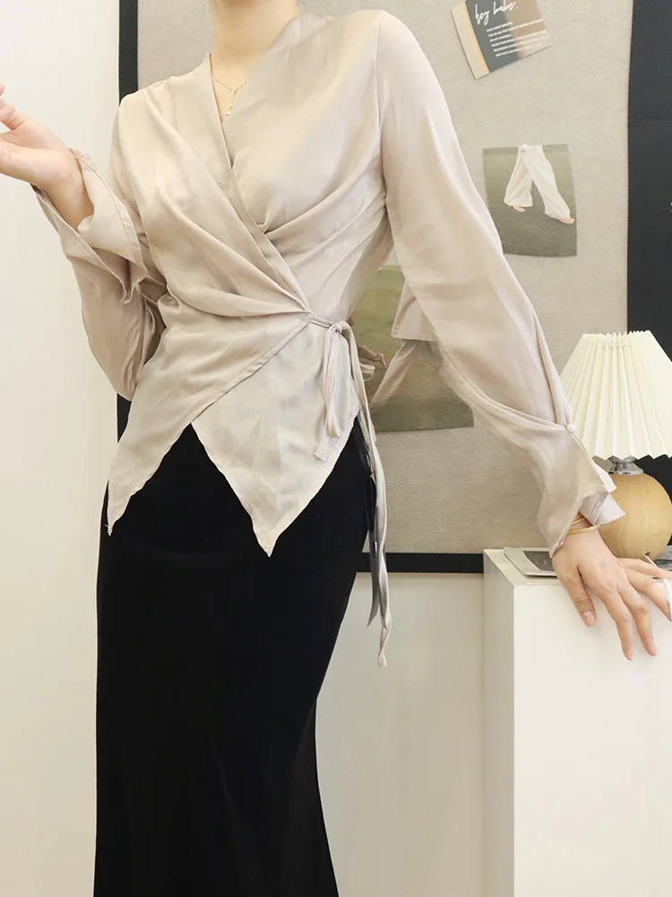 

Ele Bla Satin V-Ne irt Women's Autumn High Waist Belted Tied e Paper Figure Top Faion Retro Sle Long Sle...