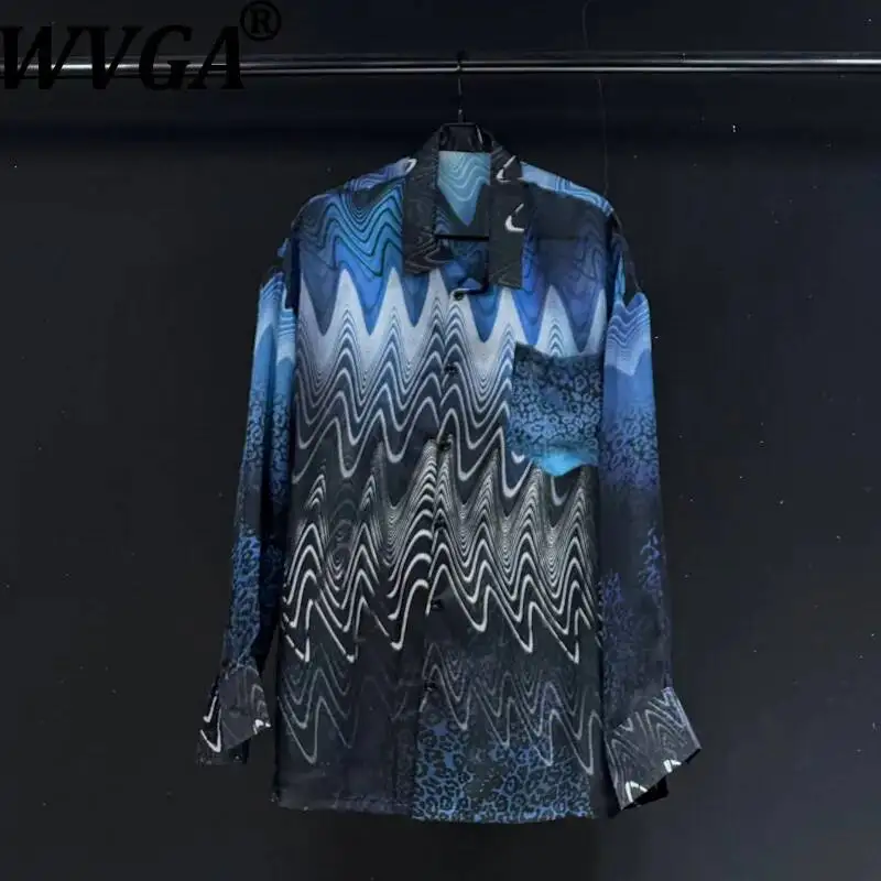 WVGA Spring Autumn New Men's Personalized Wave Design Street Style Printed Long Sleeve Shirt Loose Niche Chic Casual Tops W25652