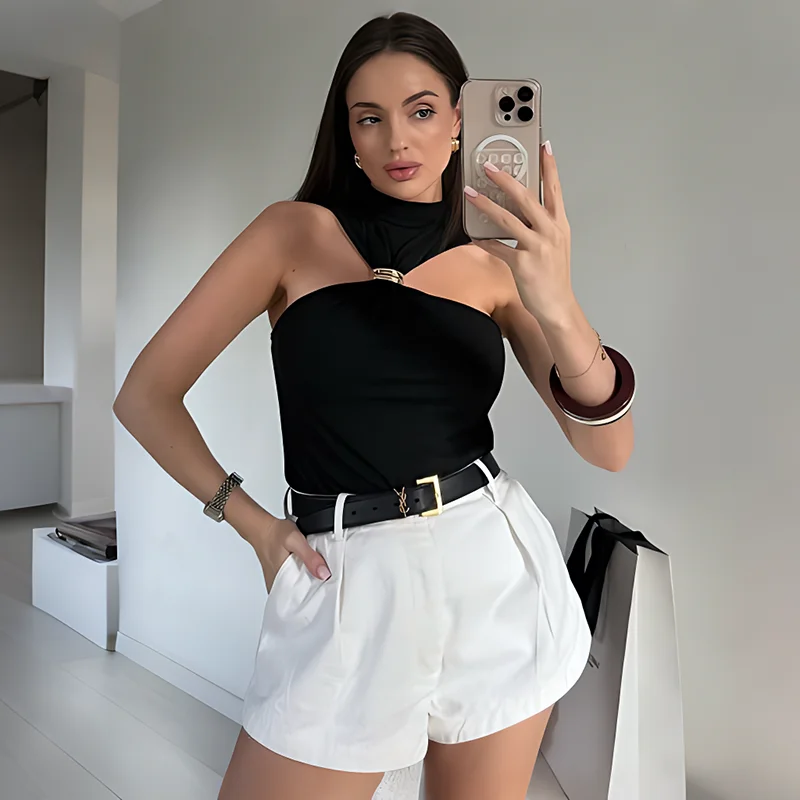 

Tornova Gold Ring Sleeveless Top Female Off-shoulder High Elasticity Fashion Slim Camis Streetwear 2025 New Summer Lady T shirt