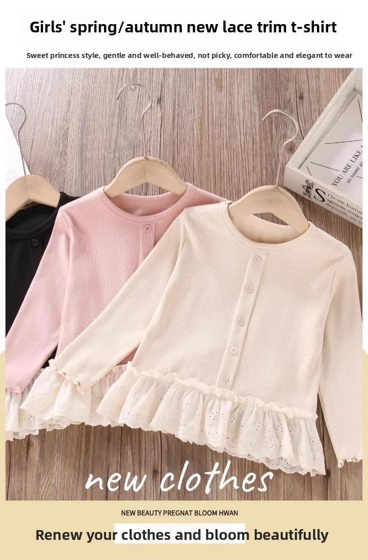 Herbst Neuheiten Mädchen T-Shirts mit Knöpfen Spitzen-Patchwork Langarm-Blusen Bequeme Oberteile für Kinder Mädchenkleidung – Detail 4