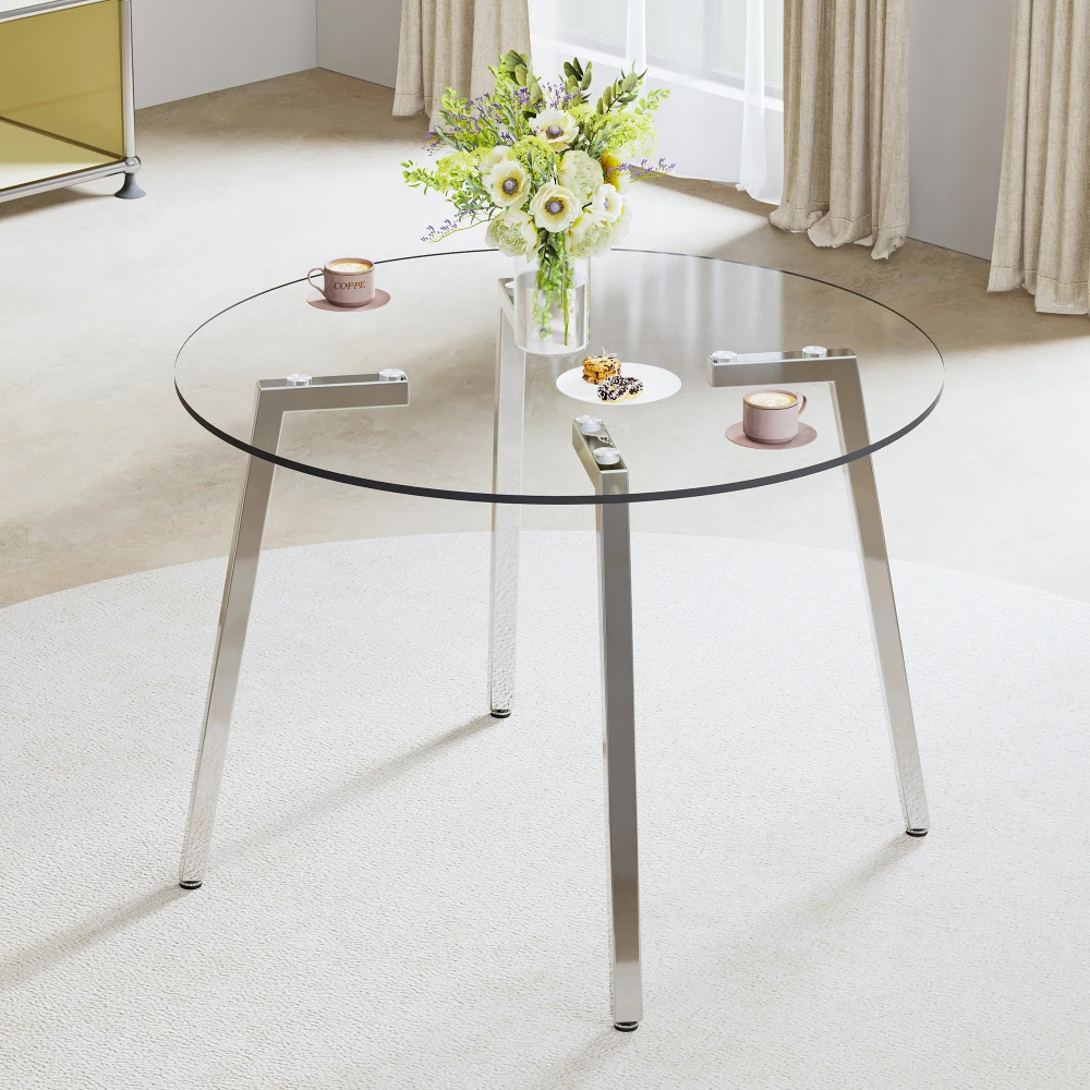 

Modern minimalist style circular transparent tempered glass table, tempered glass tabletop, silver metal table legs, suitable fo