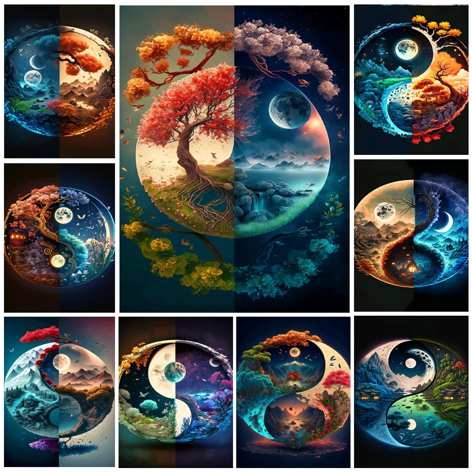 Fantasy Four Seasons Scenery Diamond Painting Full SquareRound Diamond Mosaic Yin-yang Tree Moon picture Diy Cross Stitch PP5093