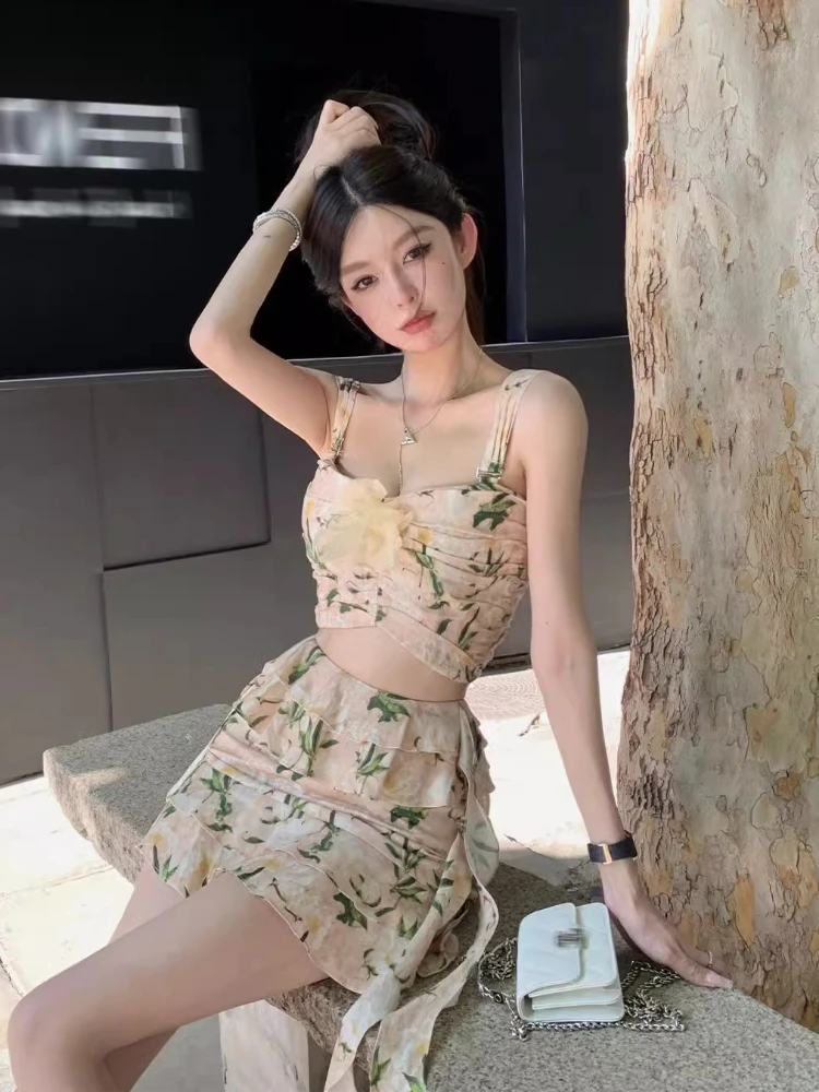 2024 French Sweet Floral Sling Suit Dress Women's Summer New 3D Flower Top+High Waist Ruffle Edge Skirt Elegant 2-Piece Set