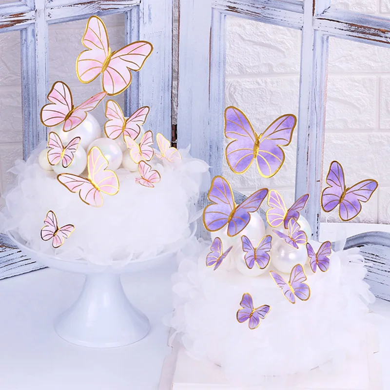 Pink Purple Butterfly Cake Toppers Gold Happy Birthday Cake Topper for Princess Girl Wedding Birthday Party Cake Decoration