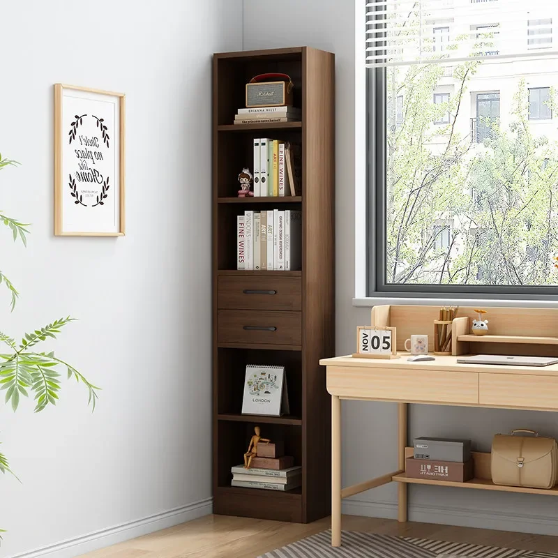 Narrow Cabinet Solid Wood Bookshelf Shelf Children's Narrow Slot Floor Small Bookcase Walnut Storage Household