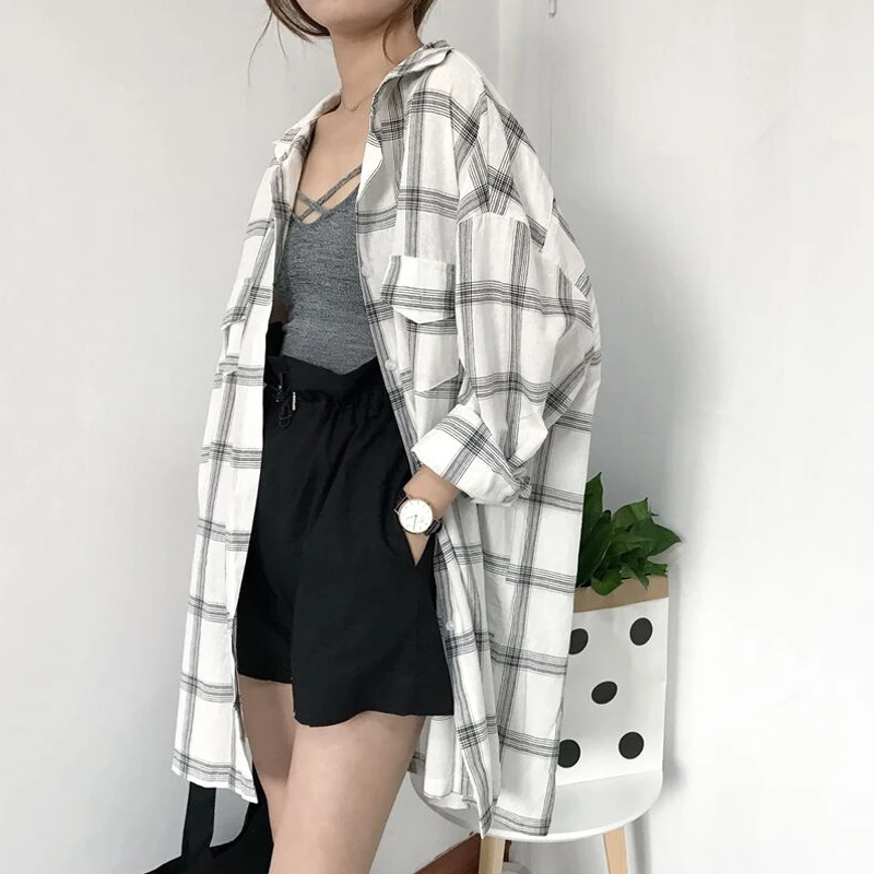 

Women New Shirts Casual Plaid All-match Loose Long Sleeve Students Daily BF Ulzzang Single Breasted Womens Korean Style Harajuku