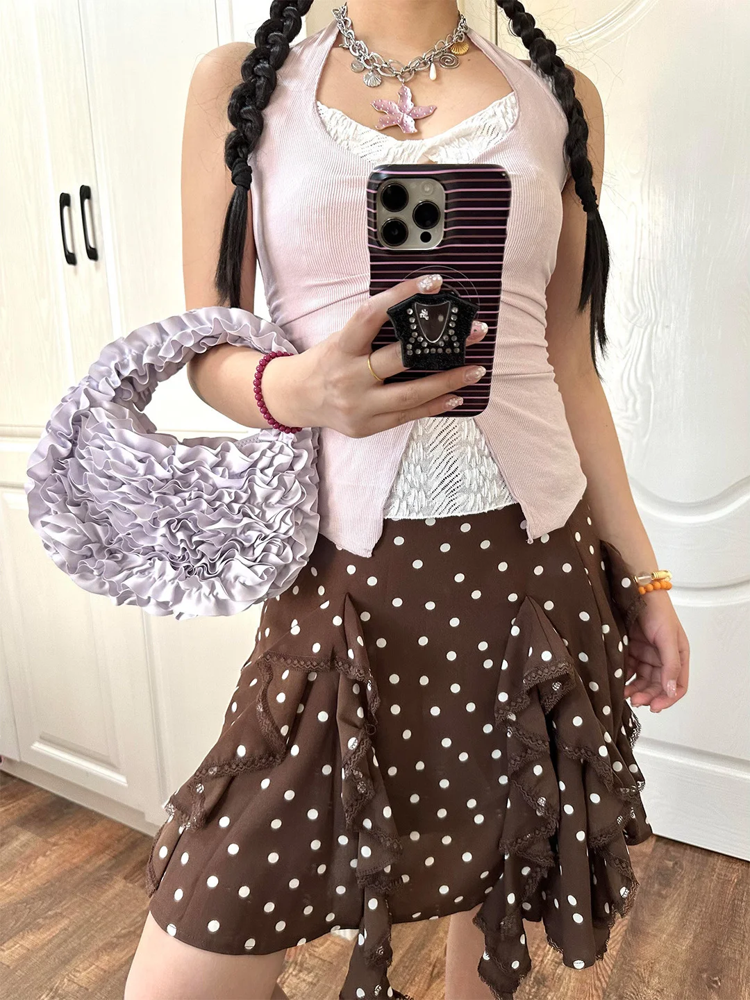 

Ретро-юбка женская с асимметричным кружевным декором, завышенной талией, облегающая, коричневая в горошек, многоярусная, А-силуэт, летнее платье