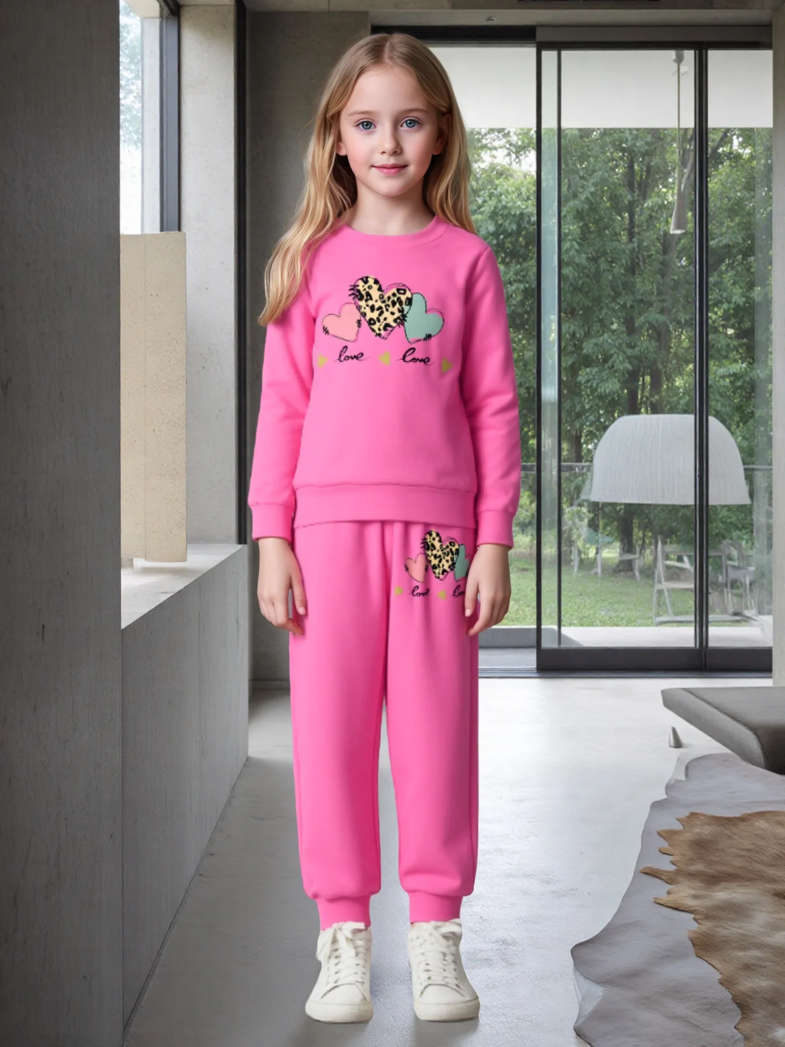

CottonTree Girl's Pink Leopard Love Sweatshirt Set