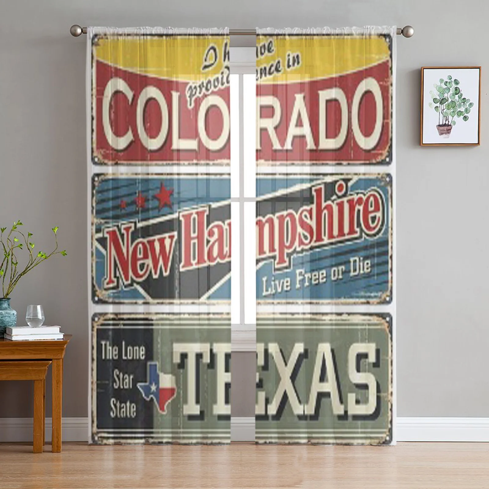 Vintage Tin Sign Collection With America State Sheer Curtains for Living Room Tulle Window Curtain Bedroom Kitchen Veil Drapes