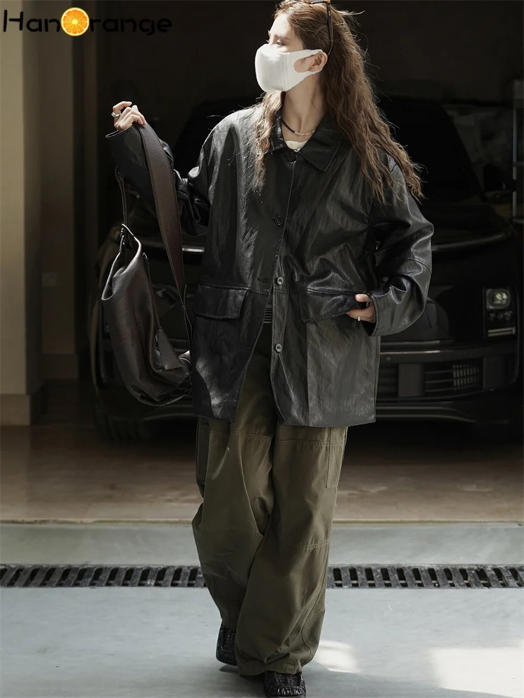 เสื้อแจ็คเก็ตหนัง PU ทรงหลวม สไตล์แฟชั่นฤดูหนาว HanOrange 2025 สีน้ำตาลกาแฟ