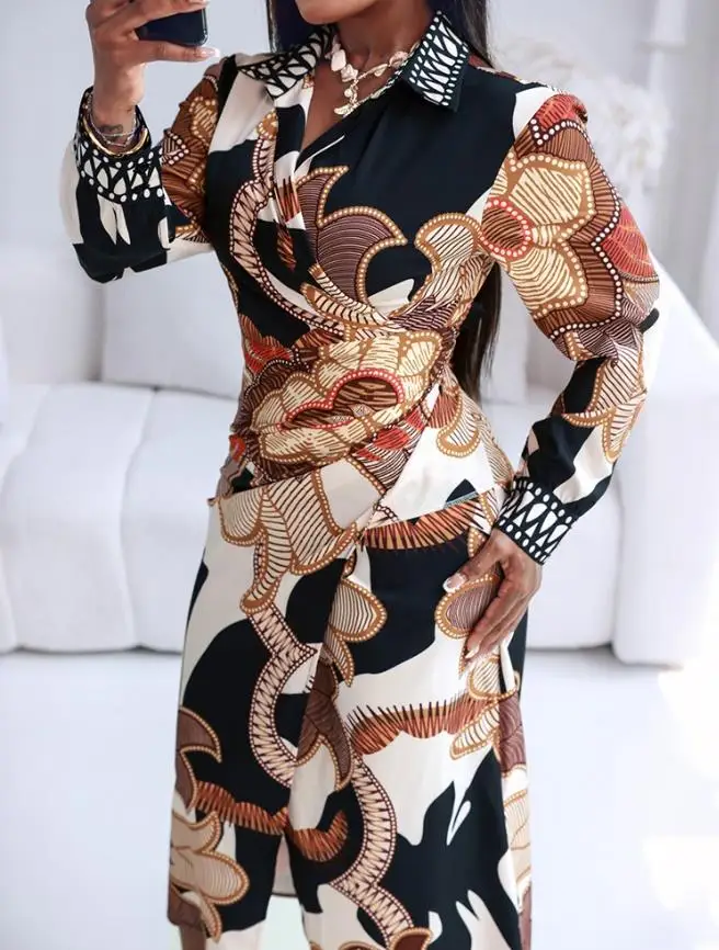 

Dresses for Geometric Print Casual Tied Detail Shirt Dress Temperament Commuting Daily Clothing Women's Fashion A Line Dresses