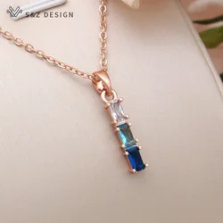S&Z DESIGN New Fashion Rectangle Gradation Cubic Zirconia Pendant Necklace For Women Party 585 Rose Gold Color Jewelry Gift