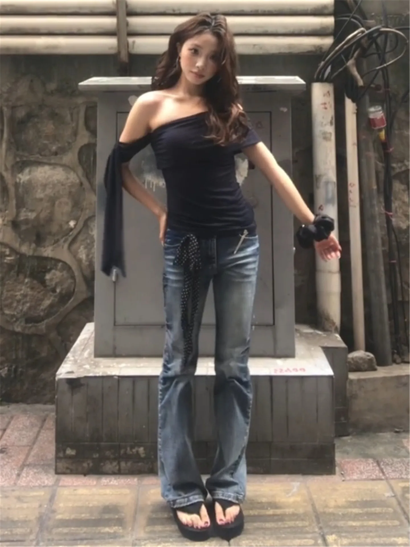 

American Style Retro Blue Bell Bottom Jeans Women's Slimming Design Casual Straight Leg Pants Spring Autumn High Waist Low Waist