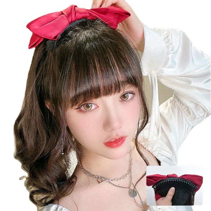 MANWEI Synthetic Ponytail With Black Red Bows Knot Hair Extensions Natural Color Brown Girls Cute Fake Ponytail For Kids Girls