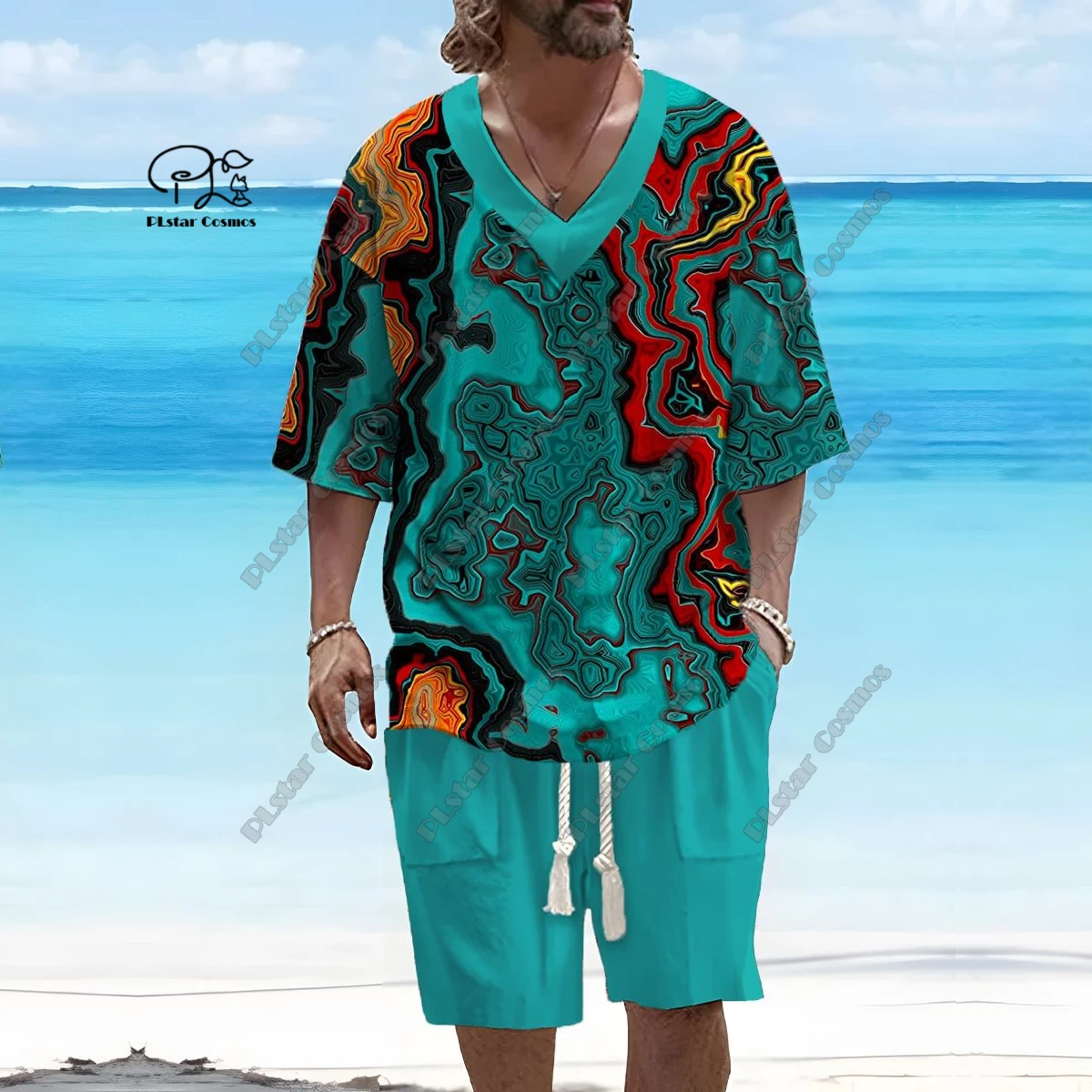 PLstar Cosmos 3D printed new men's V-neck gradient retro pattern short sleeved shorts T-shirt suit casual series T-12