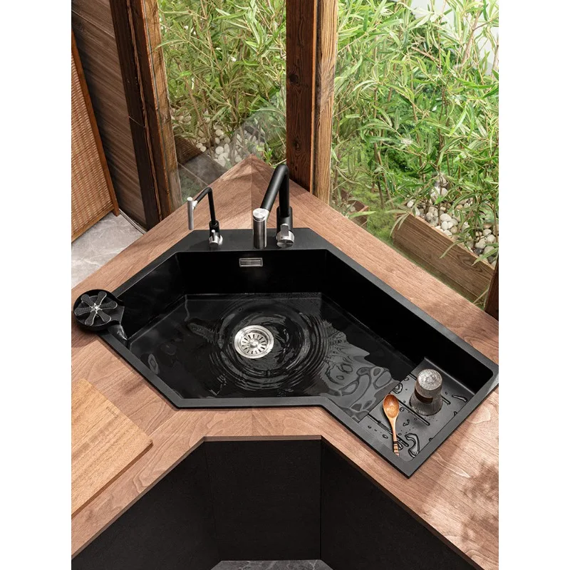 

Угловая кухонная мойка с одной большой чашей, специальной формы, для овощей, из гранита, алмазного типа, для посудомоечной машины