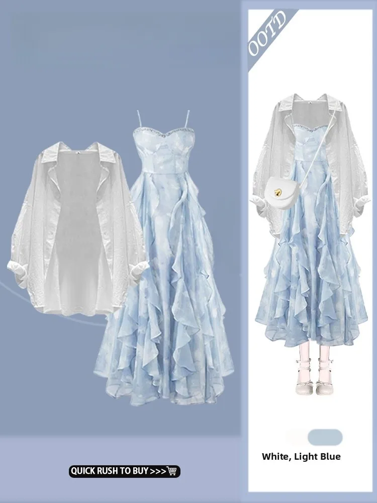 

Salt Series Long Sve Sun Protection irt Coat Anti-Aging Floral Print Holiday Sle Tea Break Dr Faionable Women's Set