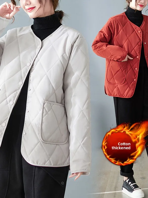 

Lightweight ort Cotton Jaet Women's Loose Fit Casual Sle Diamond Pattern No Collar Coat Large Size Inner Wear