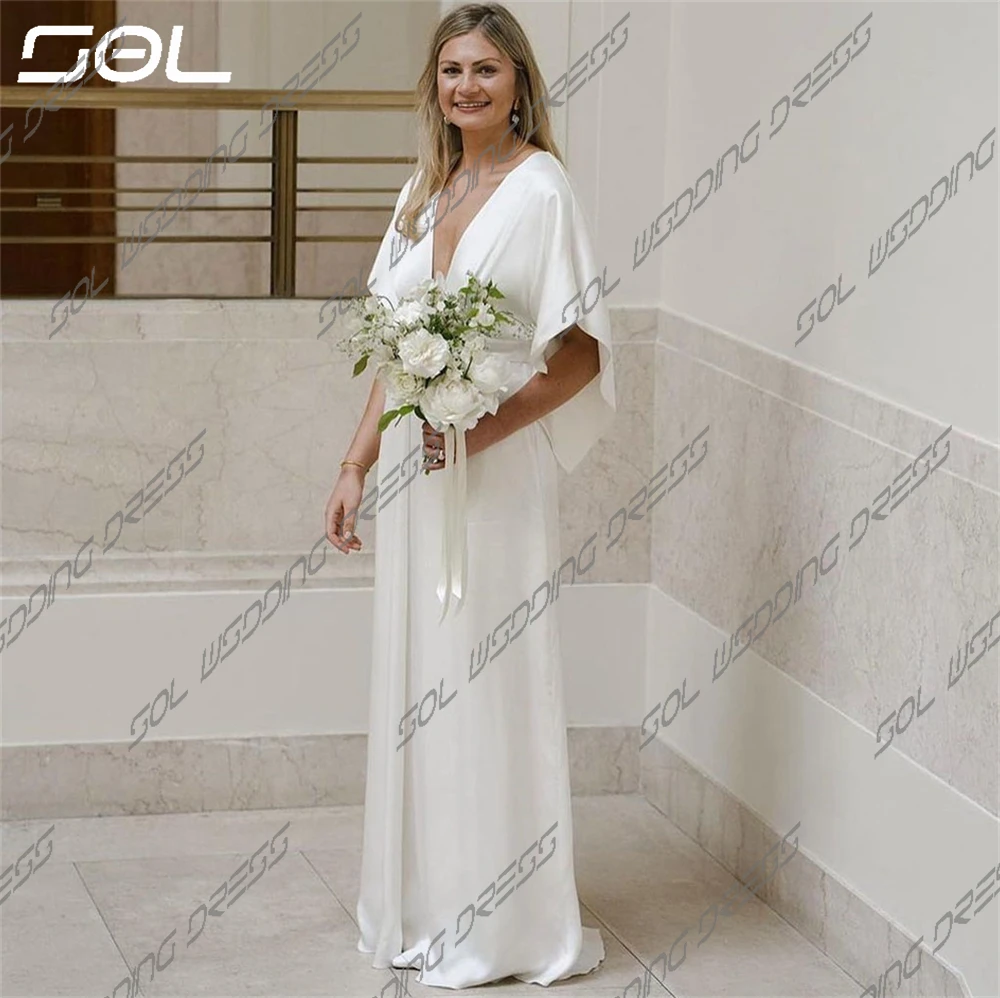 SOL Simple Cap Sleeves Deep V Neck Satin Wedding Dresses For Women Sexy Back Up A-Line Bridal Gowns Boho Vestidos De Novia