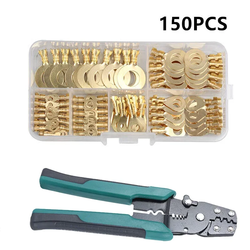 

150PCS Ring-Terminal Wire Quick Connector+ Wire Crimping and Stripping Pliers Brass Crimp Terminal Set M3/M4/M5/M6/M8/M10 Kit