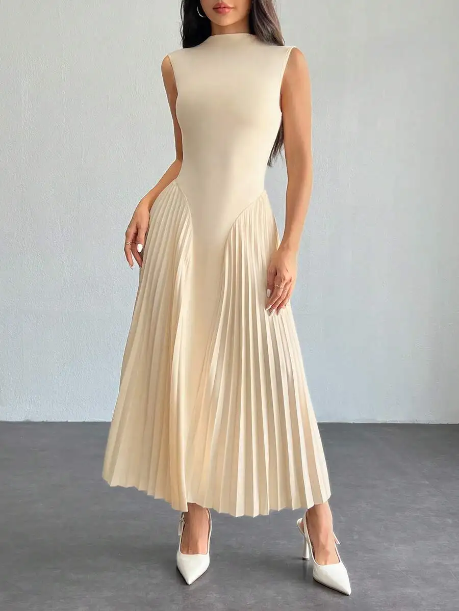 

Elegant Beige Pleated A-Line Midi Dress with High Neck and Fitted Bodice