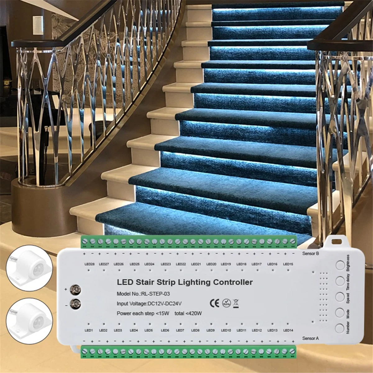 ABZV-Stair LED Motion Sensor Controller Smart Stair Induction Controller LED Strip Dimmer Stairway Light Controller
