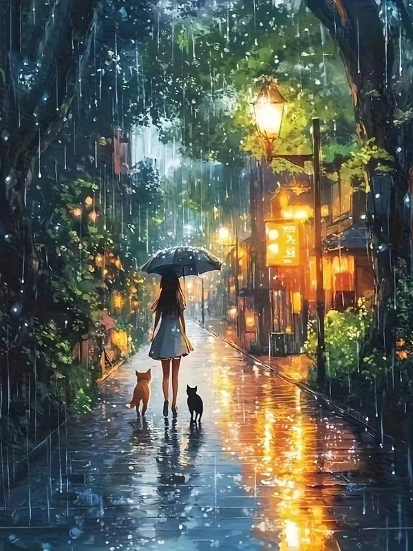 quebra-cabeca-de-menina-na-rua-da-cidade-em-noite-chuvosa-com-dois-gatos-sob-um-guarda-chuva-reflexo-de-lampada-quente-paisagem-urbana-decoracao-de-parede-para-casa