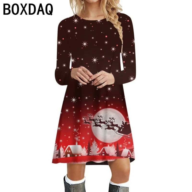 New Women's Christmas Dress Autumn Plus Size Long Sleeved Round Neck Casual A-Line Dress 3D Cartoon Christmas Deer Dress