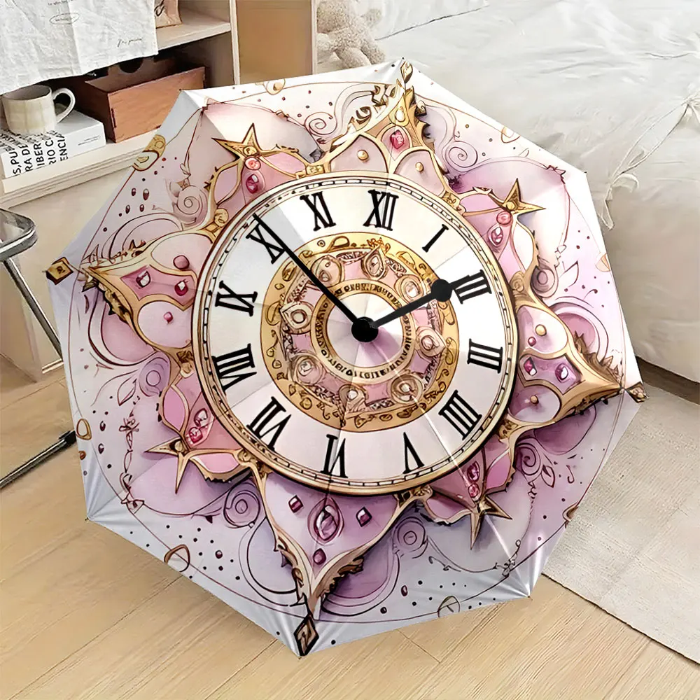 Elegant Clock Design with Roman Numerals and Pink Accents portable waterproof sun rain umbrella for outdoor travel beach