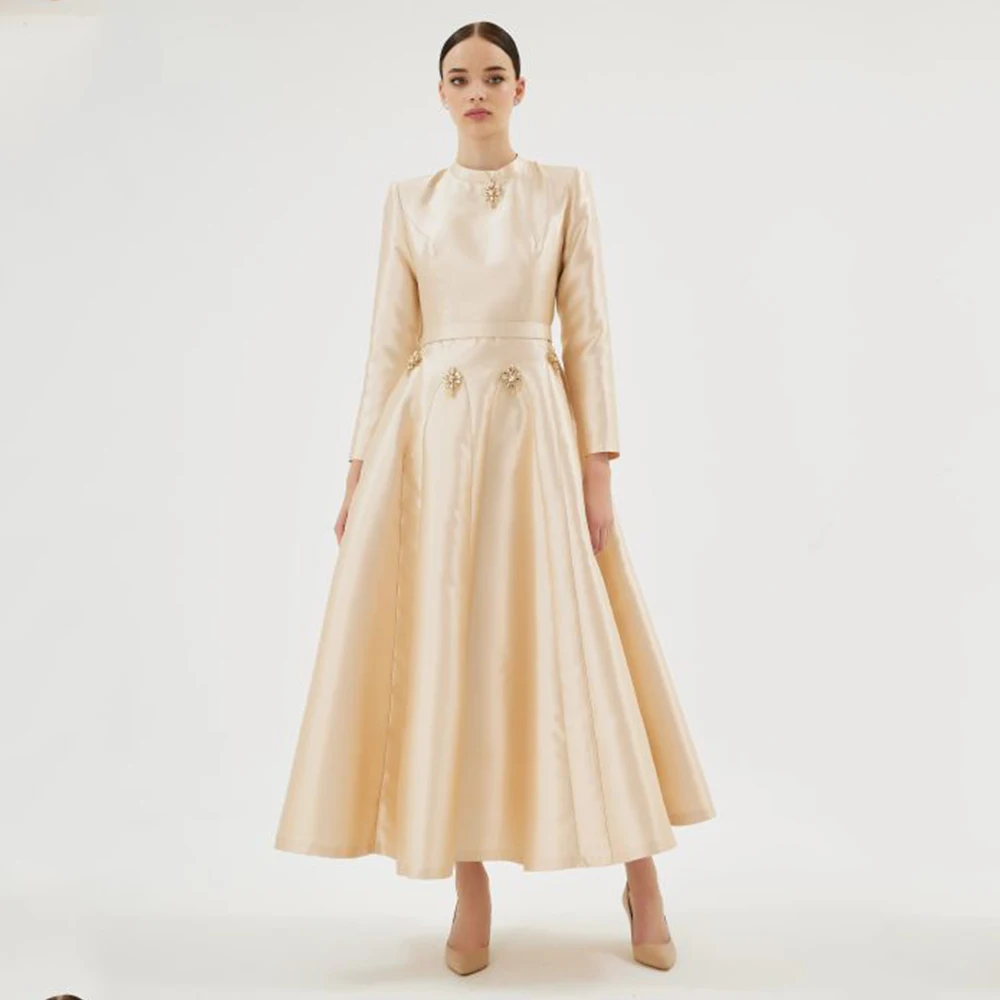 

A Line Satin Evening Dress Long Sleeves Saudi Arabia Dress Ankel Length Prom Dress Beading Long Formal Party Gown