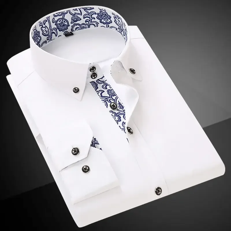 

Men's Dress Shirt Porcelain Collar Formal Business Tide High Quality Blue and White Casual Shirts Black Formal Leisure Iron-Free