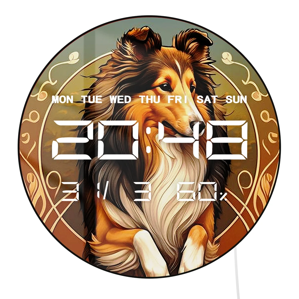 

Настенные электронные часы с LED-дисплеем и изображением собаки шетлендского шпицера (шельти) с функциями отображения температуры, влажности, календаря и даты