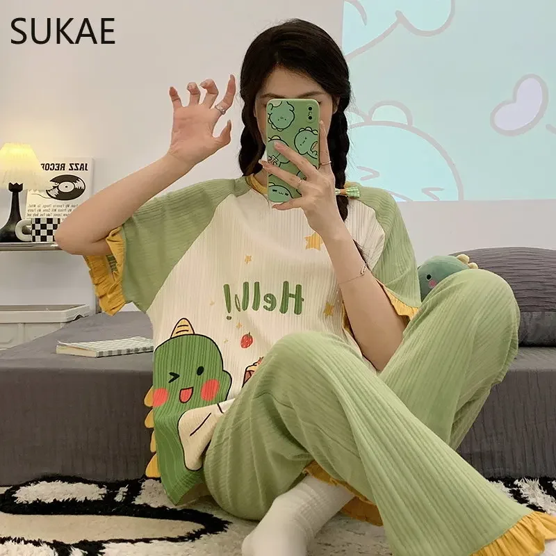 SUKAE Summer New Cotton Cartoon Woman's Pajamas Set Short Sleeves Long Pants Girl Pijama Casual Women Clothing Fashion Sleepwear