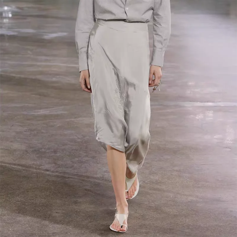 New Summer Women's Embroidered Asymmetric High Waist Midi Skirt Street Sle Straight Leg mid Length Pure Color Other Material