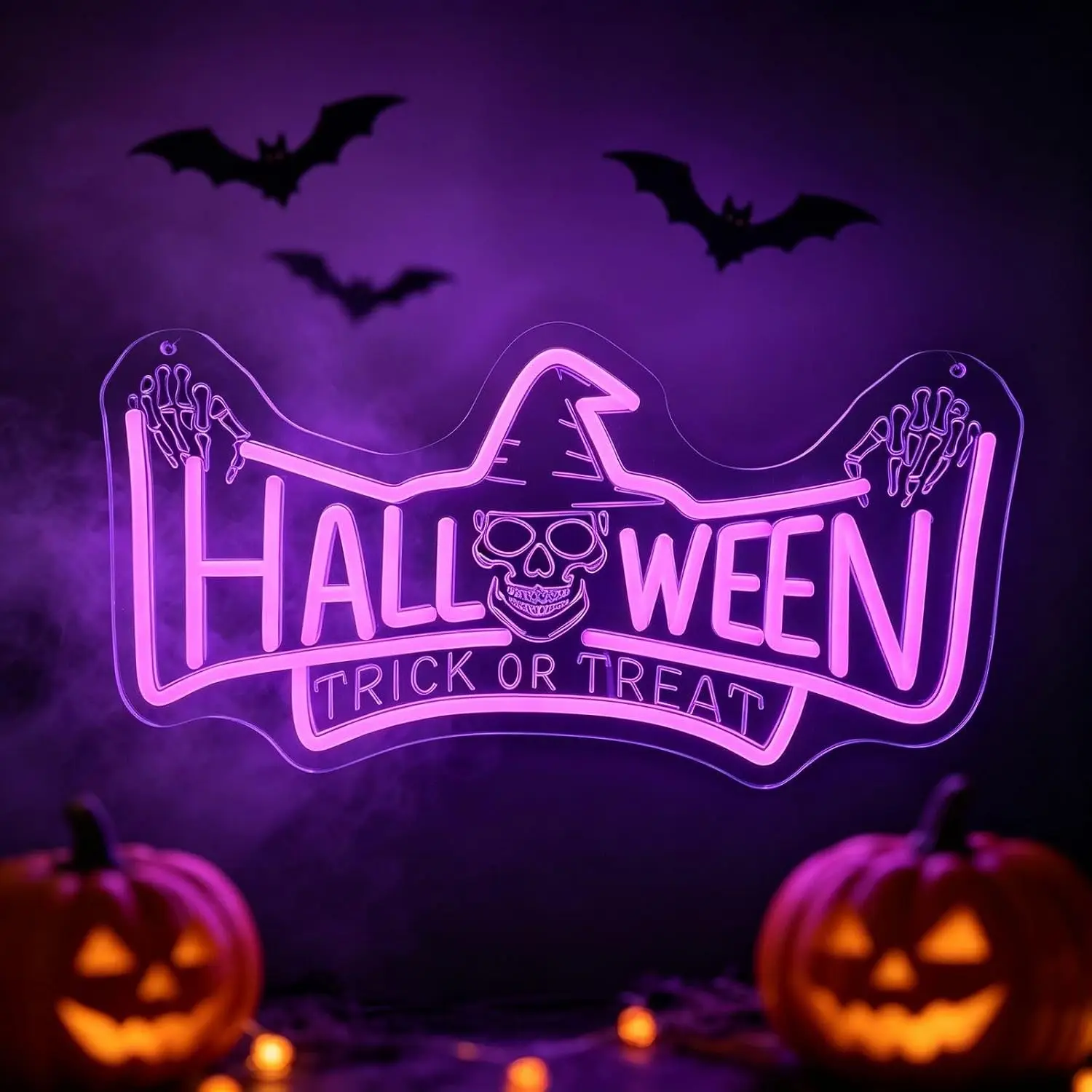 Halloween Trick Or Treat Neon Sign LED Neon Light USB Powered Wall Hanging Lamp Home Bar Halloween Party Decor Gift Night Light