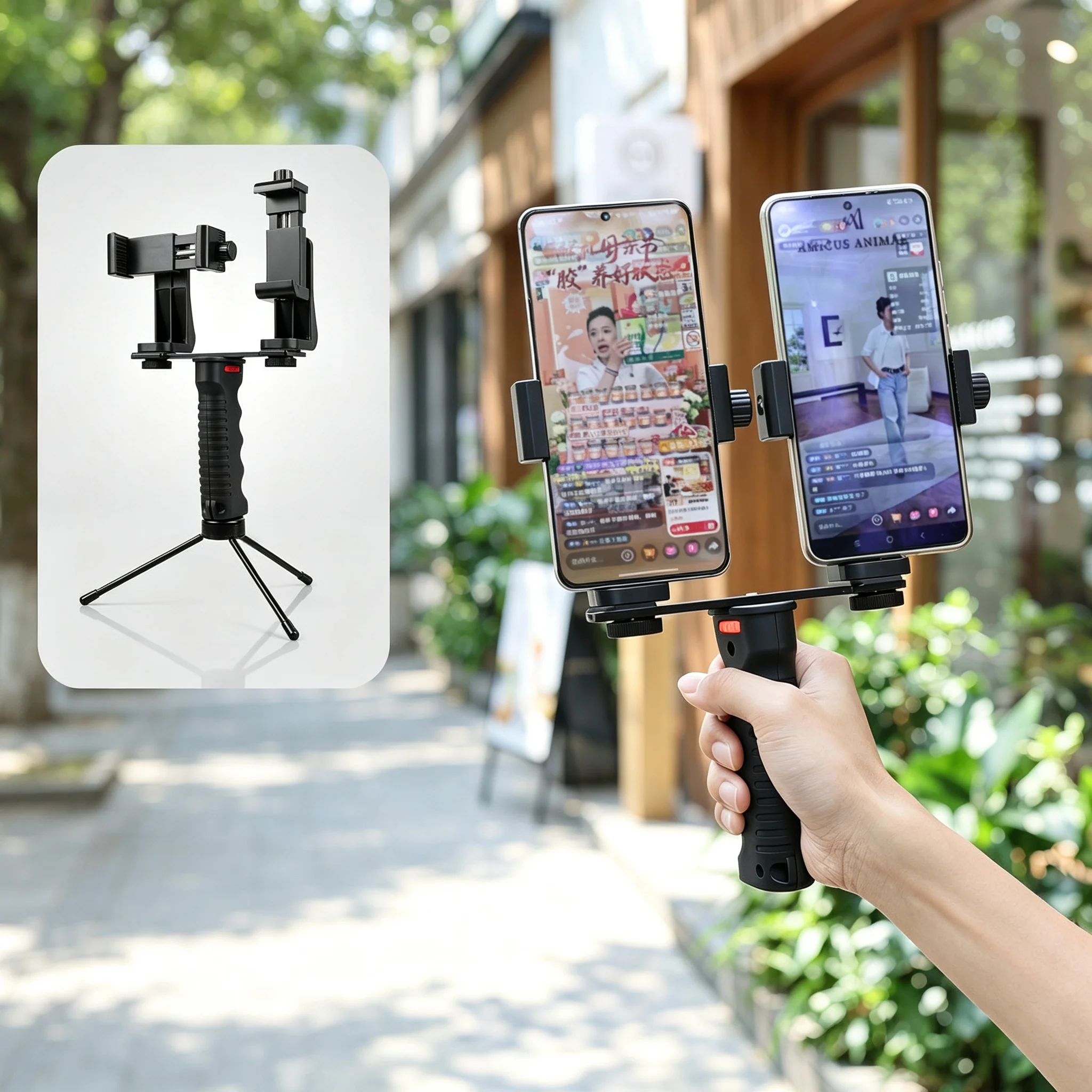 Dualer Telefonhalter-Ständer für Live-Streaming und Videoaufnahmen, Verstellbarer Handheld-Gimbal-Stabilisator mit Stativ für TikTok Vl