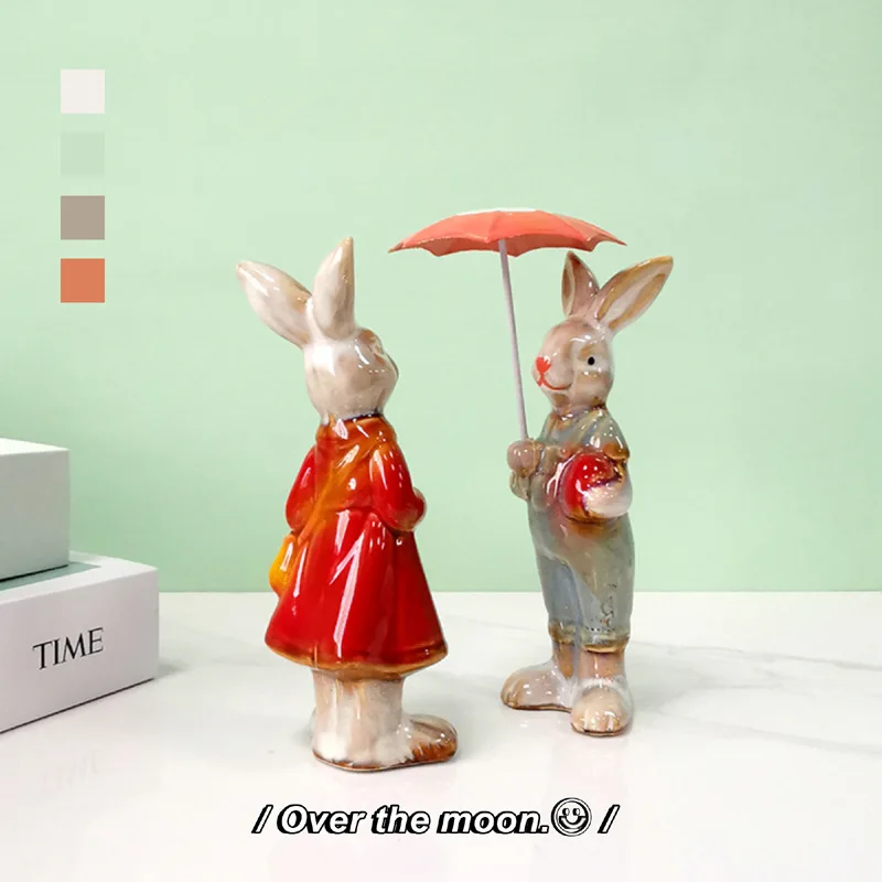 2 Single-piece Rabbit Ornament, Painted Ceramic Garden Courtyard Decoration, Desktop Ornament, American Country Fairy Tale House