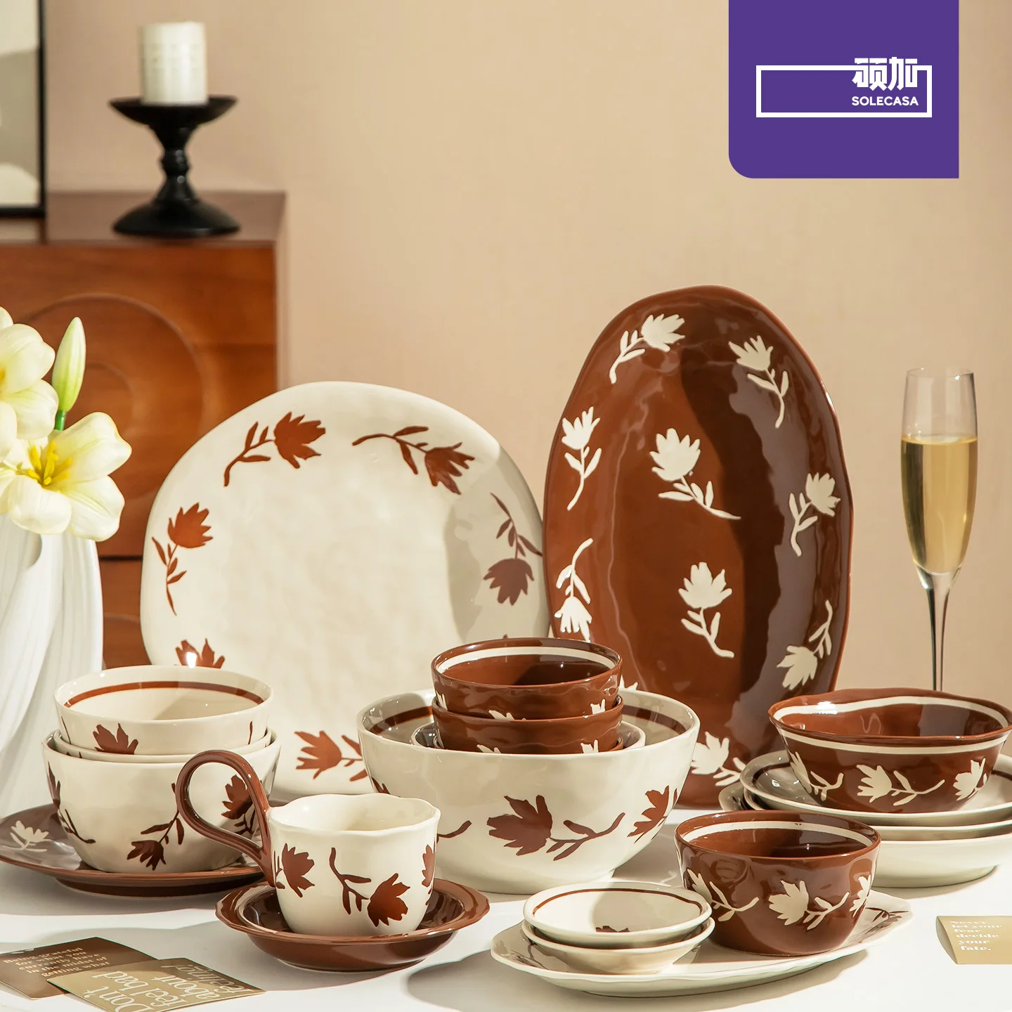 

Набор керамической посуды SOLECASA, натуральный стиль, коричневый, черный лес, серия, ручная роспись, посуда, домашняя кухонная тарелка, миска, обеденный набор