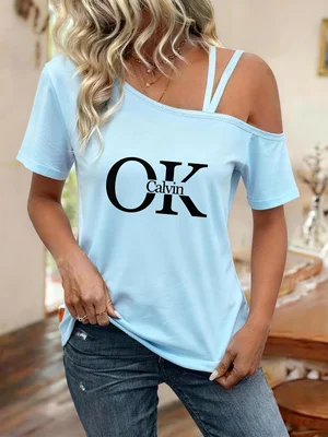 Printed Y2K Style Spring and Summer Hot-Selling Women's Fashionable Casual One-Shoulder Strap Short-Sleeve Top