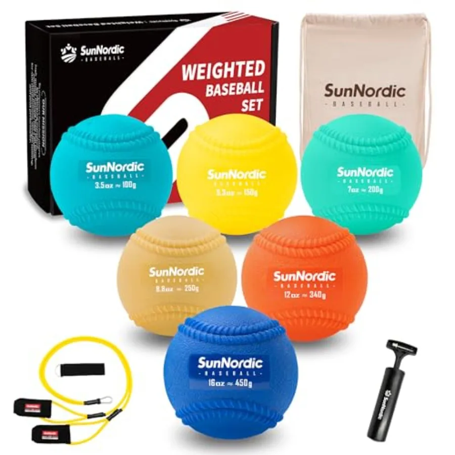 

6/9 Pack Seams Plyometric Weighted Baseball Set 3.5-16/35/53/70 oz - Variable Weight Plyo Baseballs for Improved Power and Pitc
