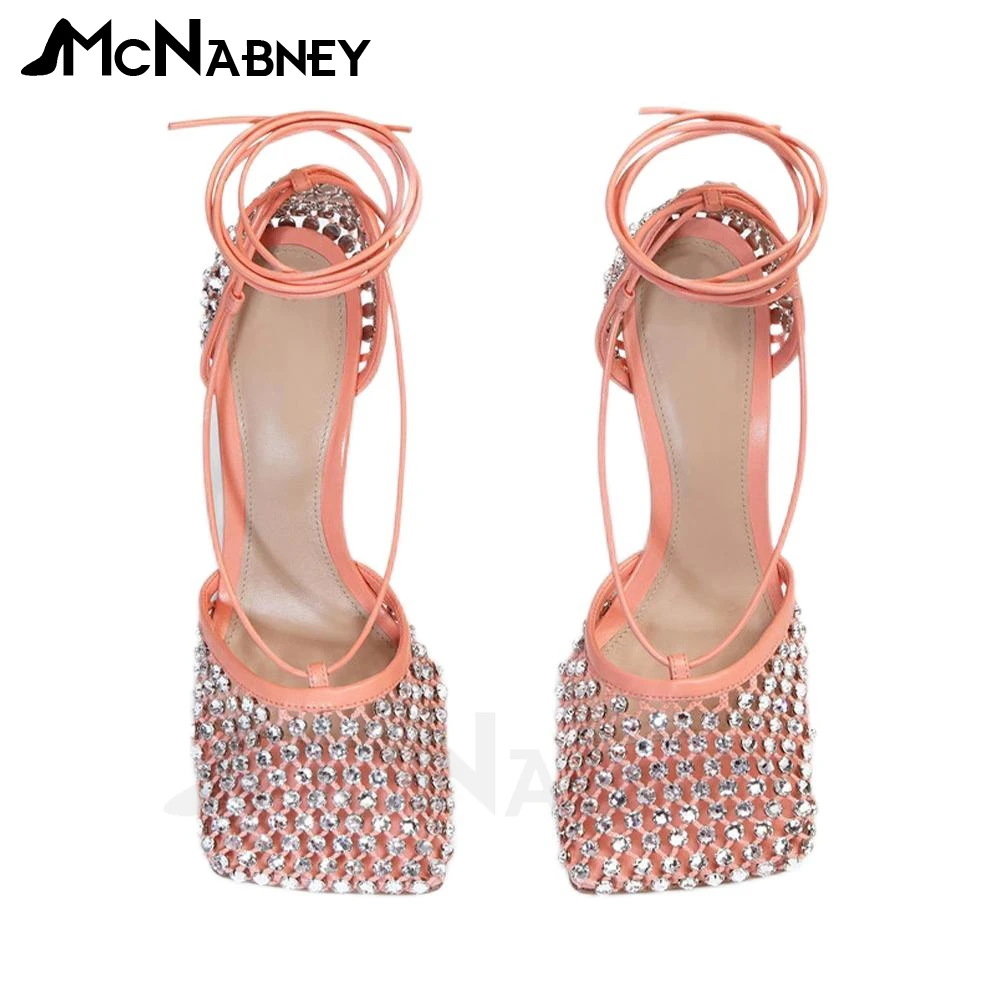 Cutout Mesh Rhinestone Sandals Square Toe Ankle Strap Summer Shoes Designer Luxury Style Fashion Sandals Multicolor High Heels