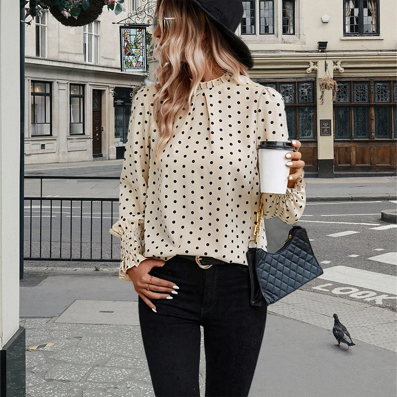 2024 Women\'s shirt fashion polka dot print design shirt new lantern long sleeve high neck women\'s casual breathable top fiber ma