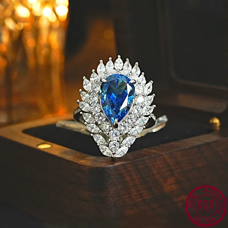 

2024 European and American leader Royal Blue Droplet 925 Silver Ring Set with High Carbon Diamond Crushed Ice/Cut Wedding