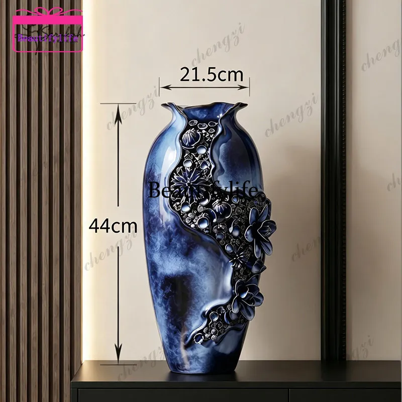 a55 Velvet flower blooming large vase light luxury high-end porch ceramic ornaments living room flower arrangement housewarming