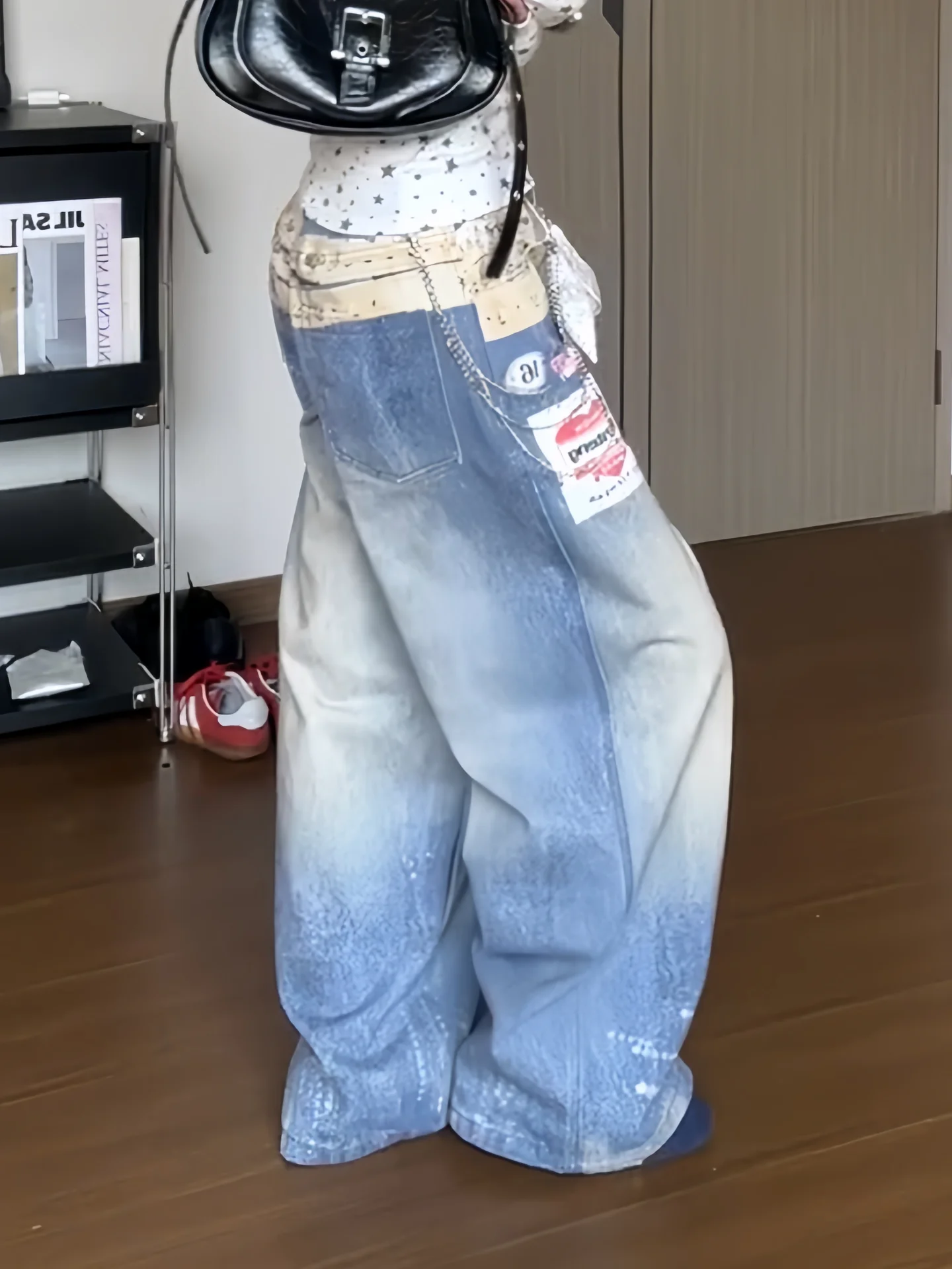Jean à ceinture imprimé 3D Vintage en détresse pour femmes, pantalon en Denim à jambes larges imprimé tridimensionnel de Style de rue d'automne 2025