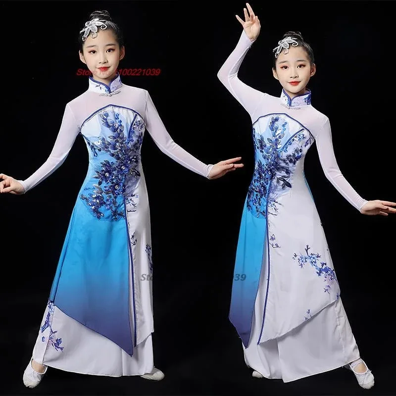 

2025 traditional chinese vintage hanfu children flower print qipao dress+pants set ancient folk dance stage performance costume