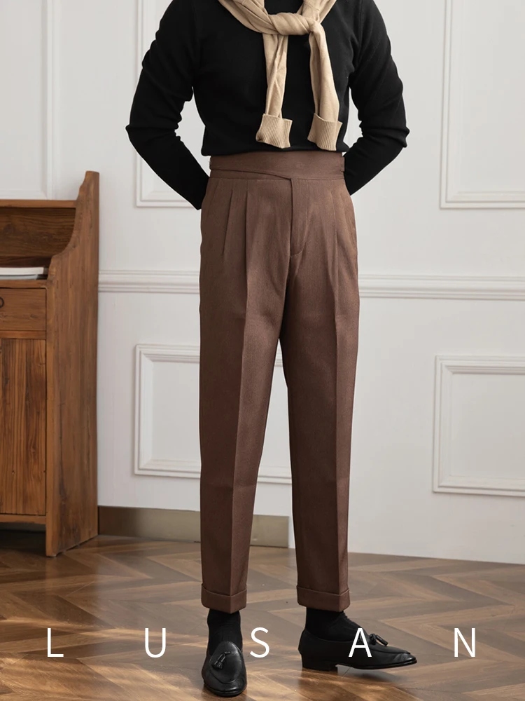 High Quality Autumn New Gorkha District Waist Straight Pants Stretch Draping Anti-Wrinkle Sunken Stripe Casual Suit Trendy Men
